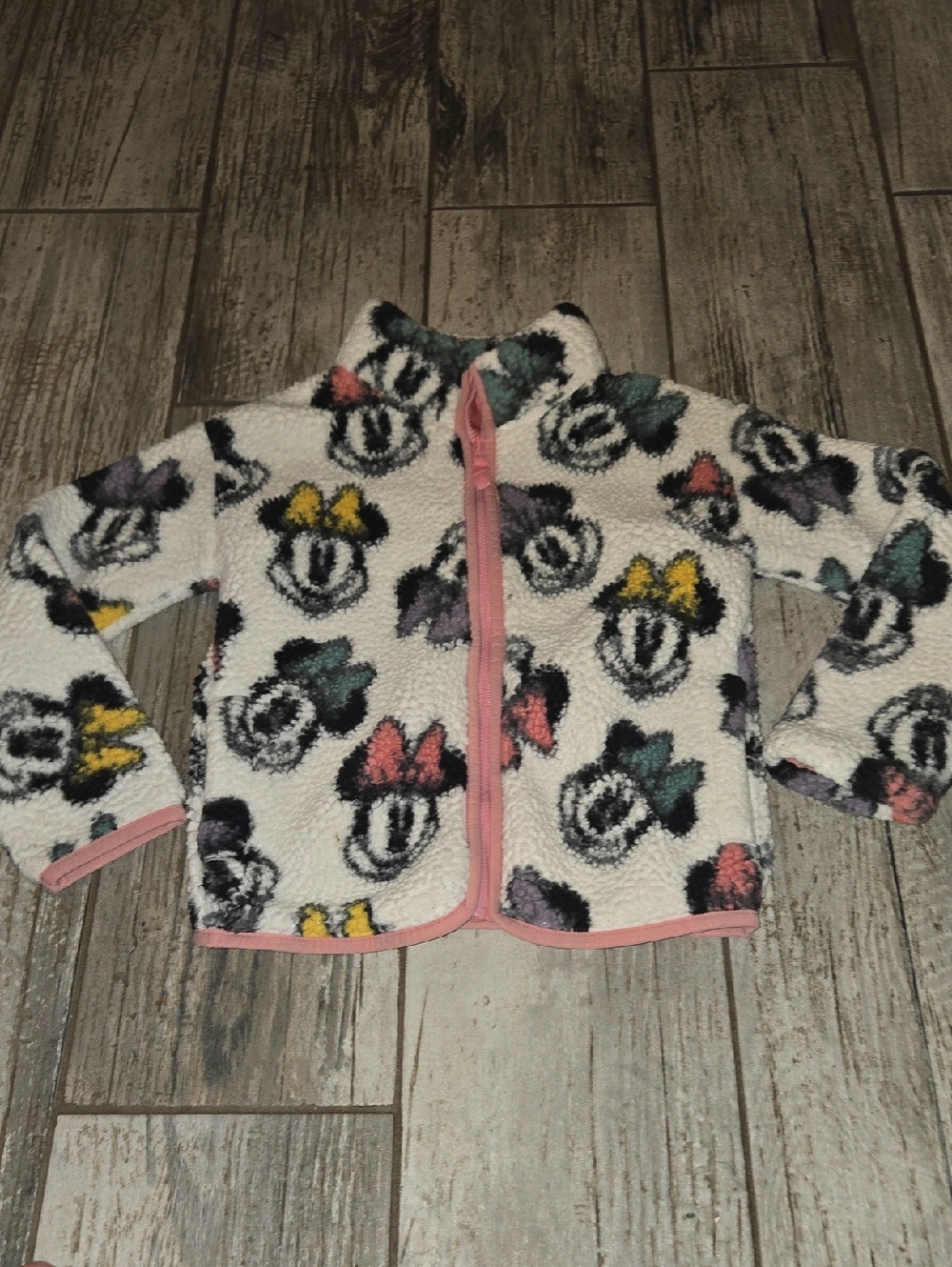 Disney Girls Minnie Mouse Sherpa Jacket — White with Multicolor Bows